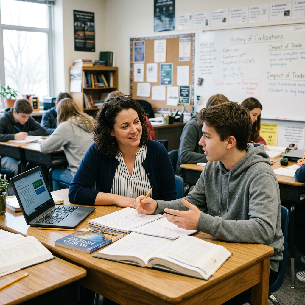 Teacher and student discussing history notes in classroom