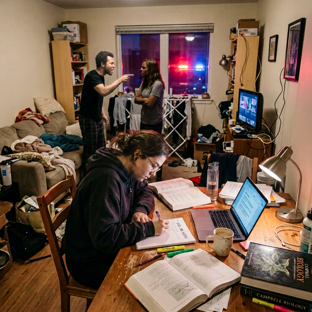 Student writing at a table with laptop and biology books as roommates talk behind her