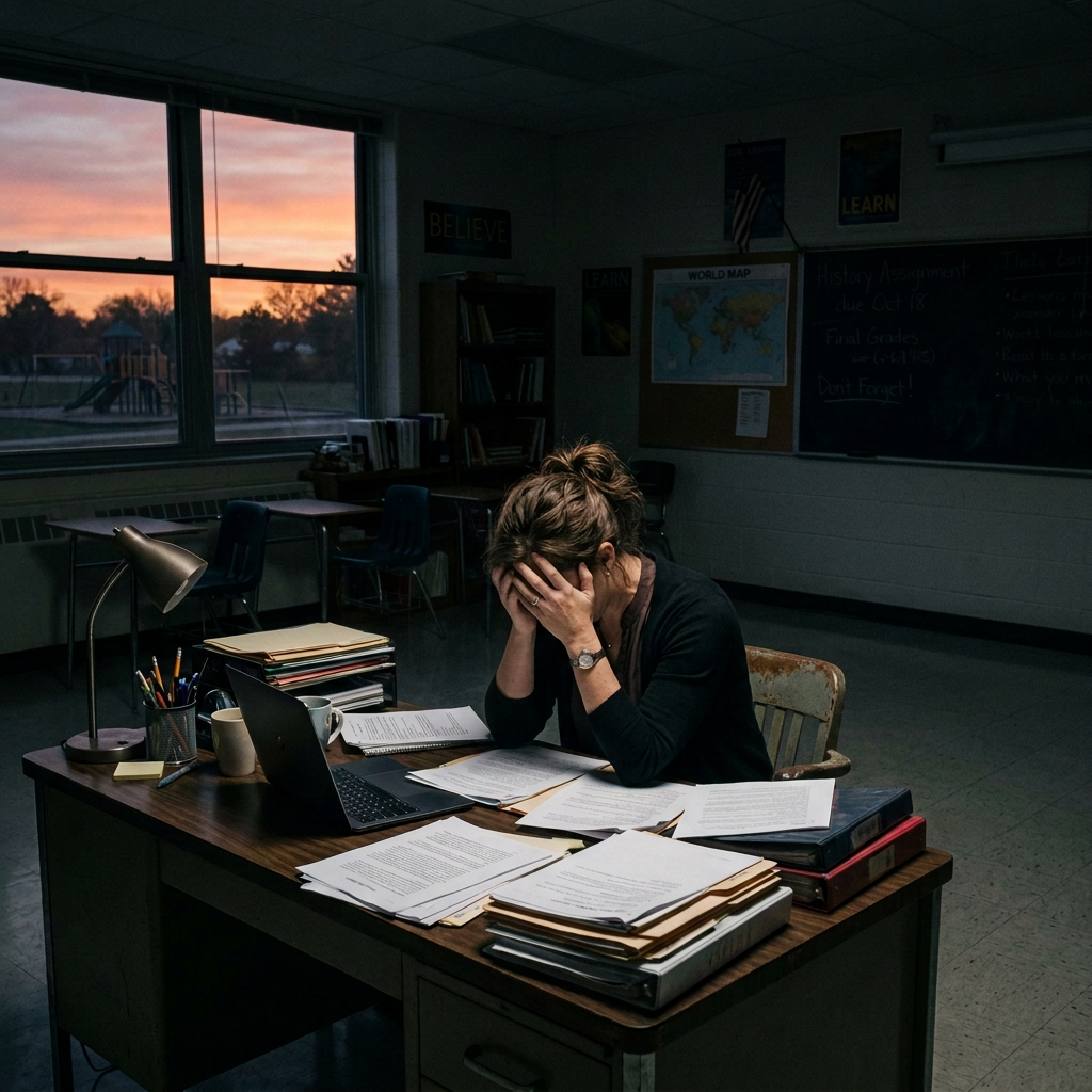 Teacher covering face at desk surrounded by papers in an empty classroom