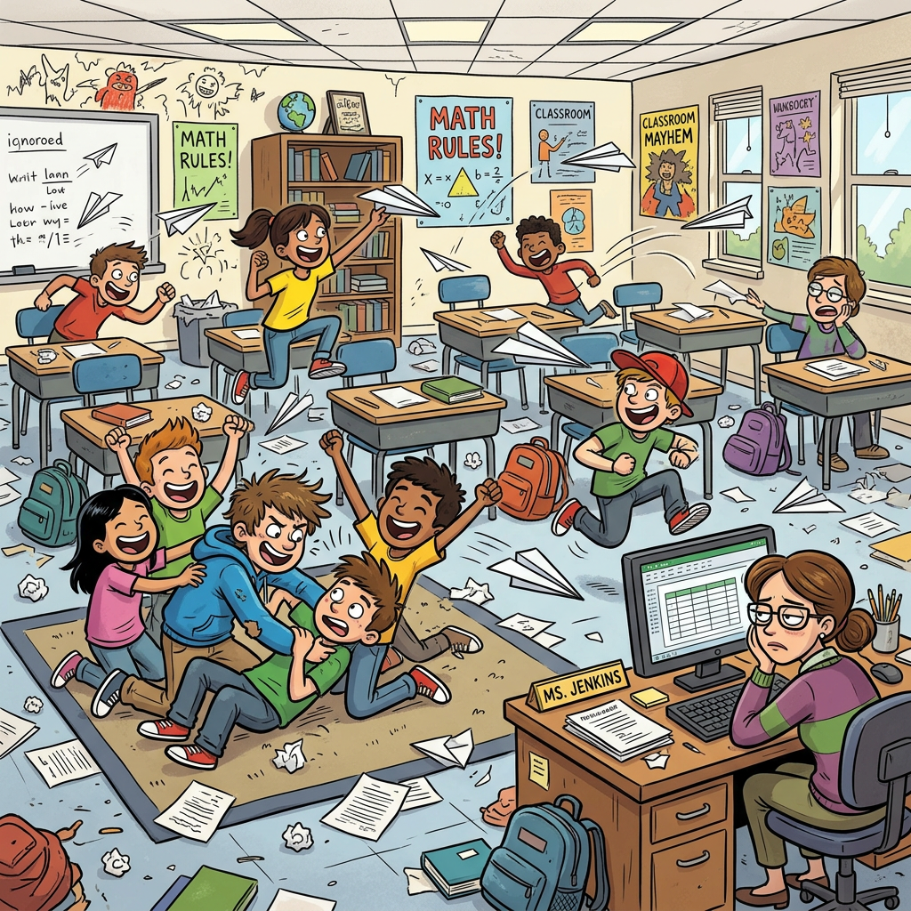 Students create chaos in a classroom labeled Math Rules and Classroom Mayhem